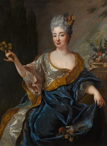 PORTRAIT OF A LADY THREE-QUARTER-LENGTH HOLDING FLOWERS - Jean-François de Troy