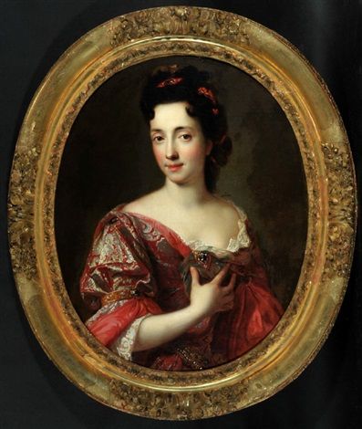 Halbportrait einer edlen Dame im roten Brokatkleid - Jean-François de Troy