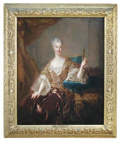 Portrait of a lady, seated, three quarter length, resting her left arm upon a blue cushion lying on a giltwood console table - Jean-François de Troy
