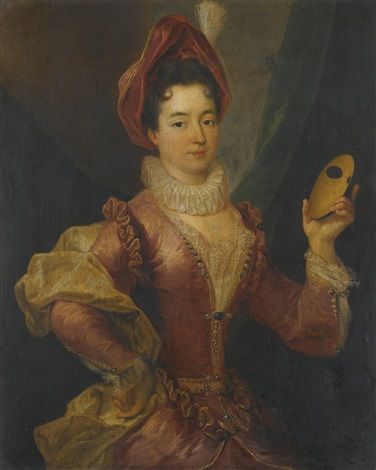 Portrait of a woman dressed in an elaborate crimson dress holding a mask - Jean-François de Troy