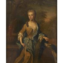 PORTRAIT OF A LADY, THREE-QUARTER LENGTH, SAID TO BE ELIZABETH D'AVENANT, DAUGHTER OF THOMAS BOOTHBY, ESQR., WITH HER DOG - Jonathan Richardson