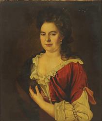 Portrait of a lady, believed to be Lady Fitzhardinge (1654-1708), head and shoulders, in a red dress, wearing pearl drop earrings and a pearl armband, holding her long hair - Jonathan Richardson
