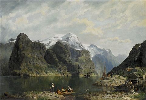 Fiord and figures with boats - Niels Bjornson Moller