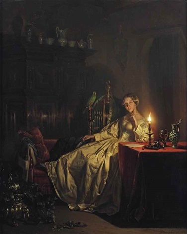 An interior with an elegant lady in a white satin gown and a parrot - Petrus van Schendel