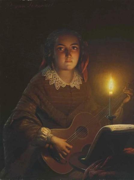 A Girl Playing a Guitar by Candlelight - Petrus van Schendel