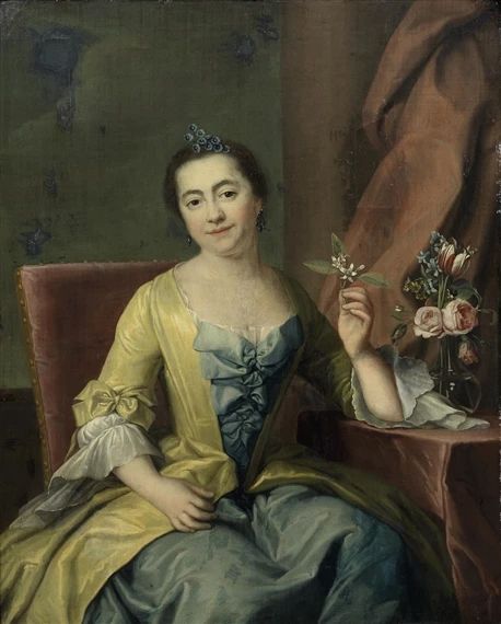 Portrait of a lady, three-quarter-length, in a blue dress, seated, holding a flower - Ulrika Pasch