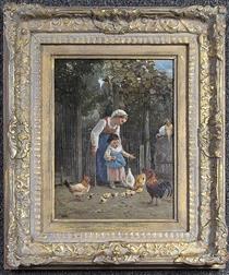 Mother and Daughter Feeding Chickens and Chicks - Charles Bertrand d' Entraygues