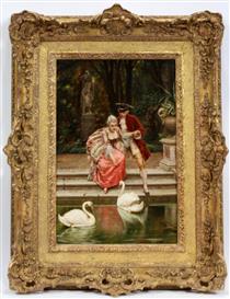 a courting couple feeding swans - Frederic Soulacroix