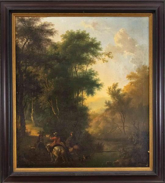 Small hunting party in a wooded area with a view over a swamp to the hilly landscape in the background - Isaac de Moucheron