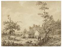 Cattle, sheep, a horse, a dog and figures, with Brederode Castl - Jacob Cats