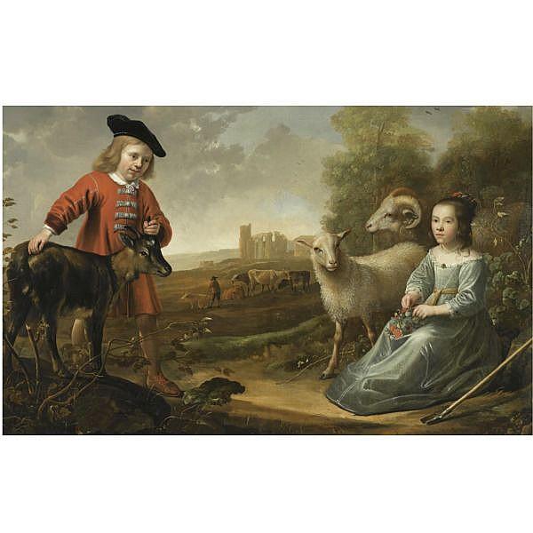 portrait of a young boy and a young girl with a goat and two sheep in an italianate landscape, a herdsman with his cattle by ruins beyond - Jacob Gerritsz Cuyp