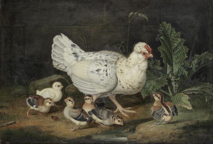 A hen and her chicks in a landscape - Jacob Samuel Beck
