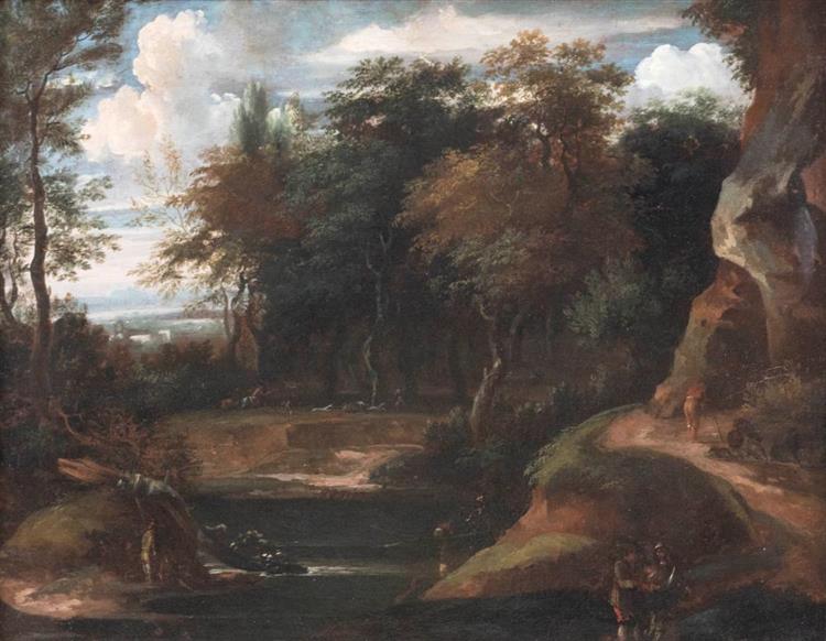 Wooded landscape with a river valley, rocks, hunters and travellers - Jacques d'Arthois