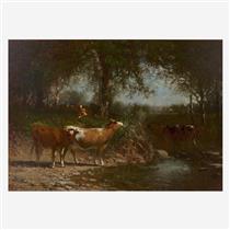 COWS DRINKING BY A STREAM - James McDougal Hart
