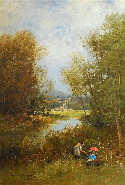 French river landscape with trees, two female figures in the foreground one seated with a parasol, town in background - Jean-Adrien Guignet