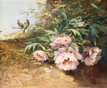 Large still life with peonies and two titmice - Jean-Baptiste Robie