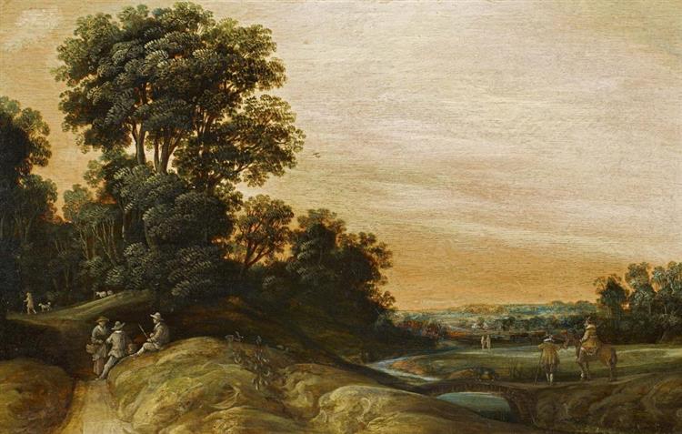 Wide Landscape with Travellers at a Stream - Joachim Govertsz. Camphuysen