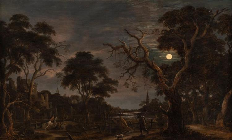 LANDSCAPE WITH A RUIN, HORSEMAN AND WAYFARER IN FRONT OF A TOWN IN THE MOONSHINE - Joachim Govertsz. Camphuysen
