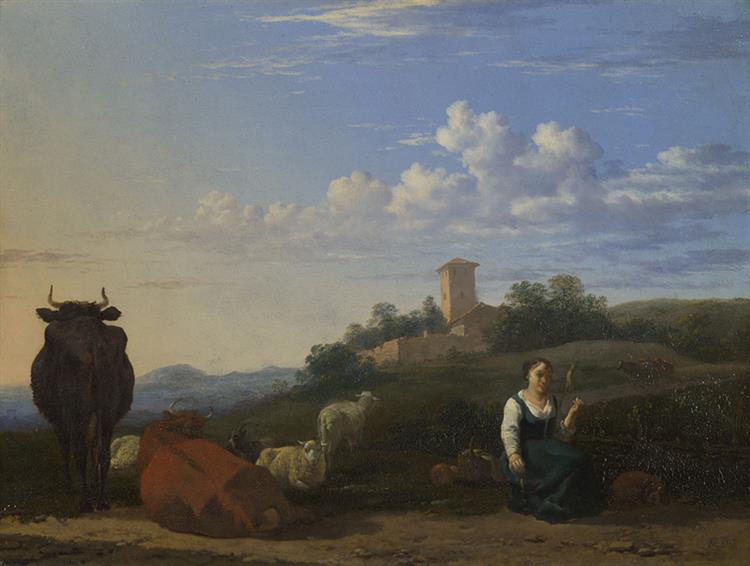A Woman with Cattle and Sheep in an Italian Landscape - Karel Dujardin