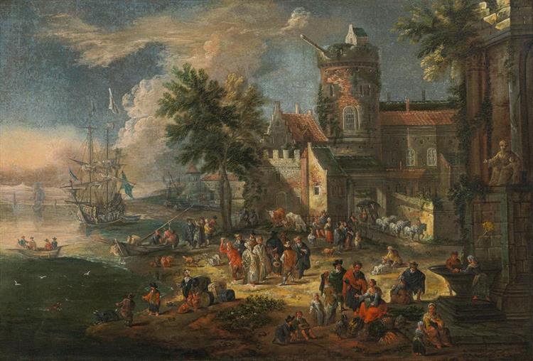 Harbour scene with merchants and farmers - Pieter Casteels II