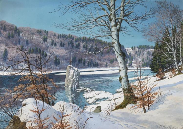 The Isar with Georgenstein in winter - Rudolf Reschreiter