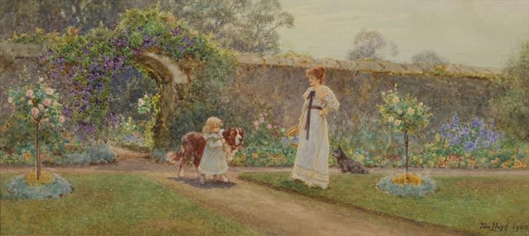 Mother and daughter with two dogs in a summer walled garden - Thomas James Lloyd