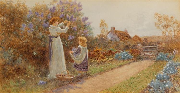 A mother and daughter picking flowers on a summer - Thomas James Lloyd