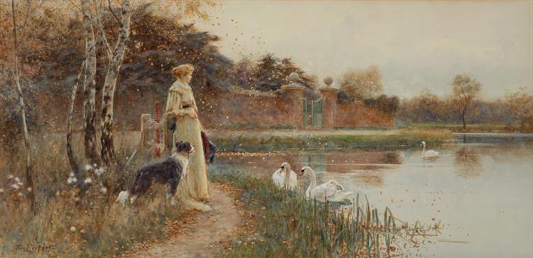 A lady and her sheepdog by the side of a lake admiring swans - Thomas James Lloyd