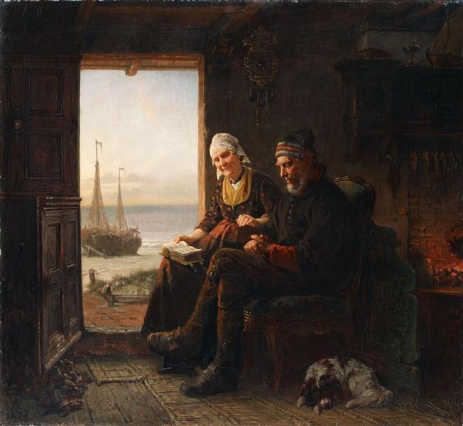 Interior with an elderly couple and a view of the sea, 1875 - Рудольф Иордан