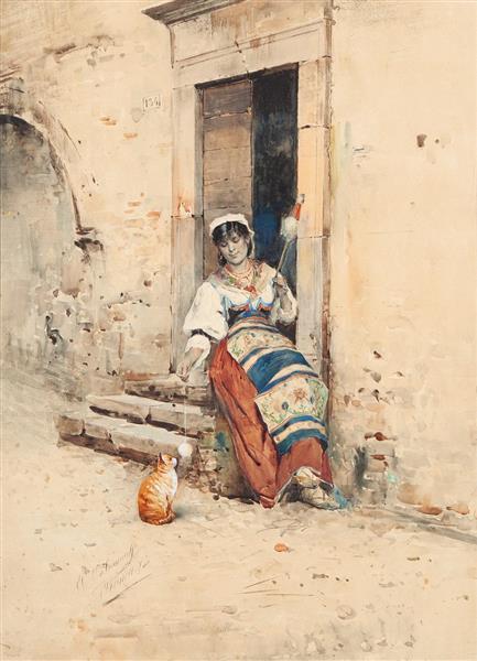 Playing with the kitten, 1882 - Publio de Tommasi