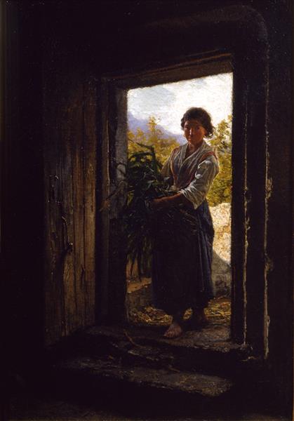 Peasant woman with sheaf of grass at the entrance of a door, 1854 - Filippo Palizzi