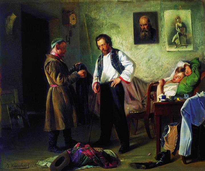 The artist, selling old stuff to Tatar (Artist's Studio), 1865 - Vladímir Makovski