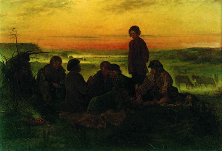 Peasant boys guard the horses at night, 1869 - Vladímir Makovski