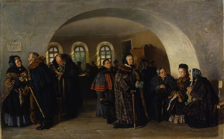 The day of the distribution of pensions at the treasury, 1876 - Vladímir Makovski