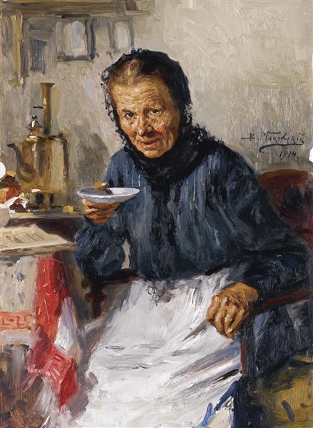 An old woman drinking tea, 1914 - Vladímir Makovski