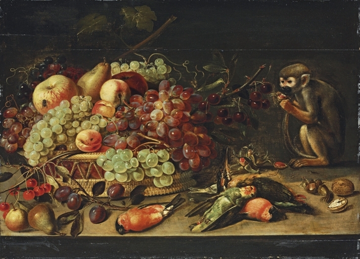 Apples, Cherries, Apricots and Other Fruit in a Basket, with Pears, Plums, Robins, a Woodpecker, a Parrot and a Monkey Eating Nuts, on a Table - Клара Петерс