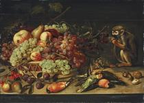 Apples, Cherries, Apricots and Other Fruit in a Basket, with Pears, Plums, Robins, a Woodpecker, a Parrot and a Monkey Eating Nuts, on a Table - Клара Петерс