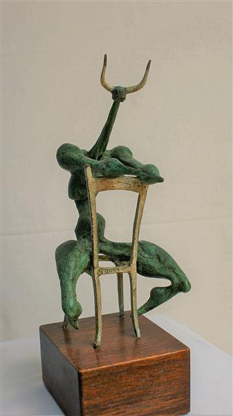 Horned Beast Man Sitting Back to Front on Chair - 1988 Bronze H300 X W145 X 170mm Edition 6 65 - MAUREEN QUIN