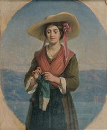 Young woman knitting in front of a lake - Jules Salles