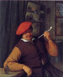 A Peasant in a Red Beret Smoking a Pipe - Адріан ван Остаде