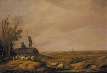 Panoramic Landscape with Shepherds, Sheep and a Town in the Distance - Albert Jacob Cuyp