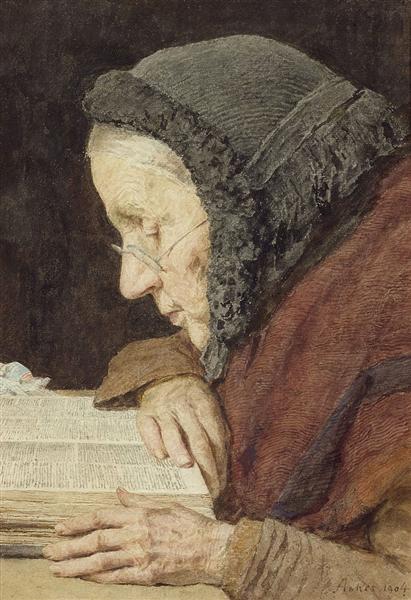 Elderly woman reading the Bible, 1904 - Альберт Анкер