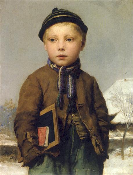 School boy with slate board in a snowy landscape, 1875 - Альберт Анкер