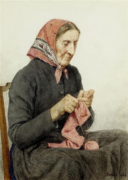 Seated peasant woman knitting, 1904 - Albrecht Anker