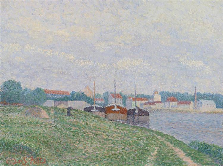 Three Barges Moored on the Outskirts of an Industrial Town, c.1886 - Albert Dubois-Pillet