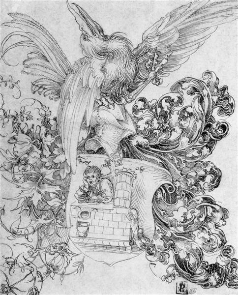 Coat of arms with open man behind, c.1493 - c.1495 - Alberto Durero