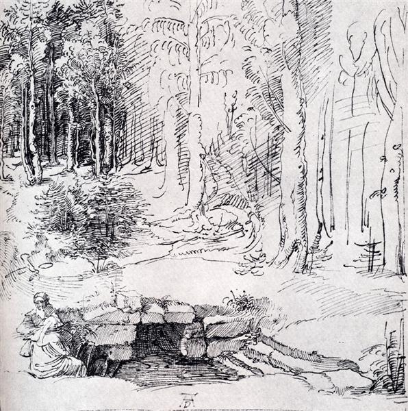 Лесная поляна с колодцем, у которого сидят  два мужчины, 1505 - Альбрехт Дюрер