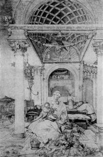 The Holy Family in a hall - Albrecht Dürer