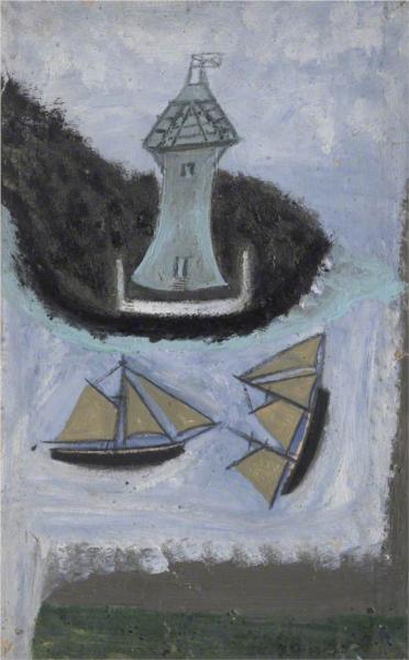 Lighthouse and Two Sailing Ships - Alfred Wallis