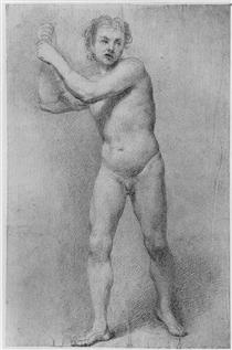 Nude Study of a striding man with stone sling - Allan Ramsay